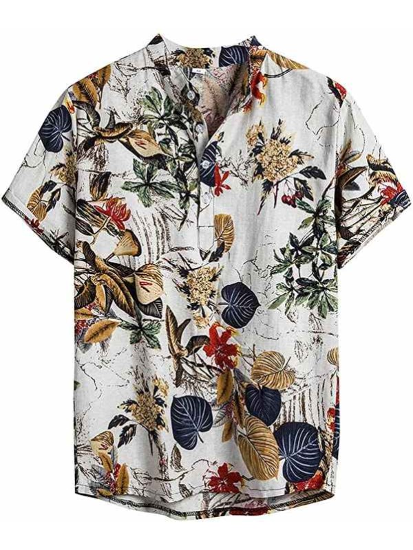 Hawaiian  Men's Cotton and Linen Ethnic Short Sleeve Button Shirt Casual Printed Shirt
