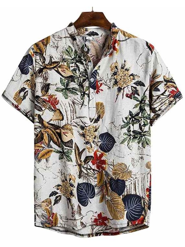 Hawaiian  Men's Cotton and Linen Ethnic Short Sleeve Button Shirt Casual Printed Shirt