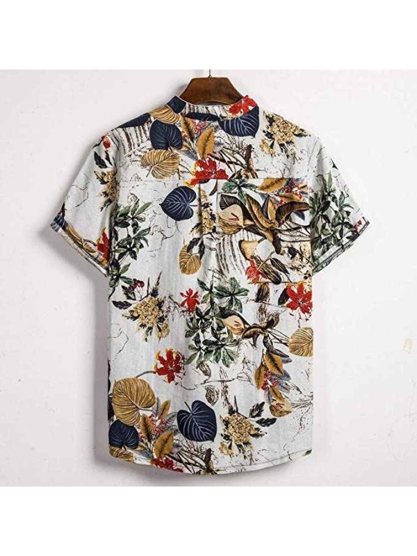 Hawaiian  Men's Cotton and Linen Ethnic Short Sleeve Button Shirt Casual Printed Shirt