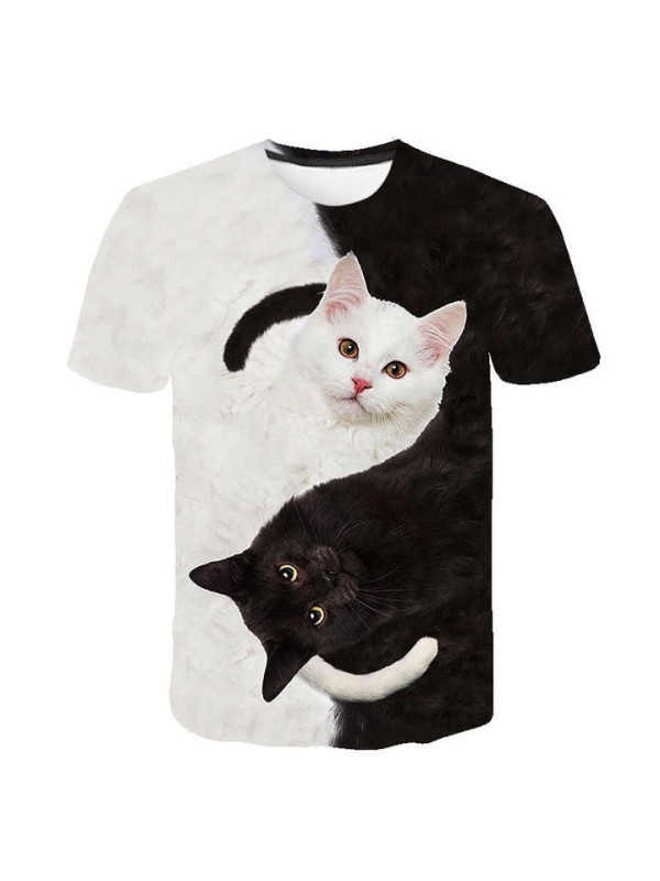 Man  Women Black White Cat 3d Printing  t Shirt   Polyester   Short Sleeve  3D Men  t  Shirts
