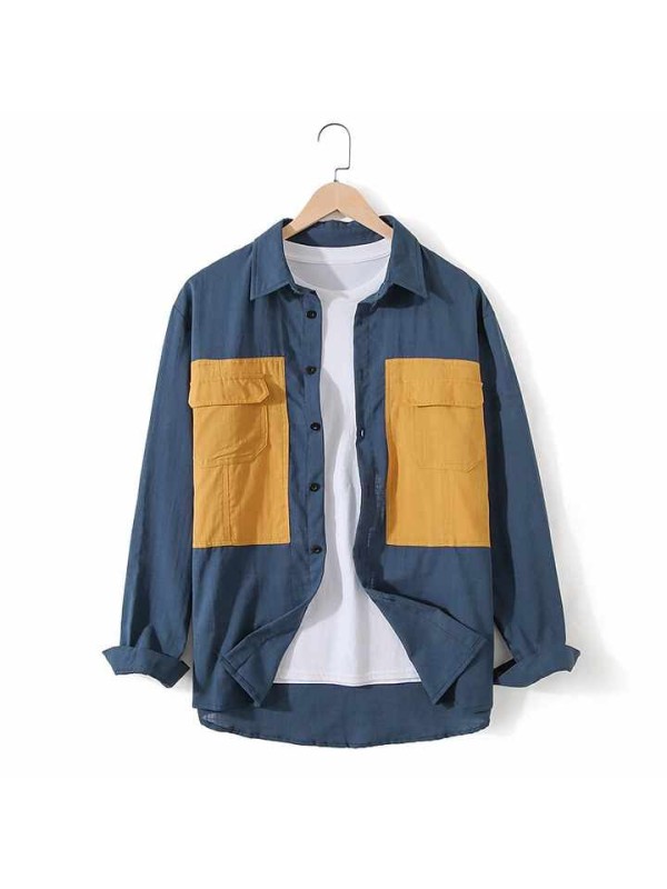 Men's Shirt Color Block Button-Down Long Sleeve Casual Tops 100% Cotton