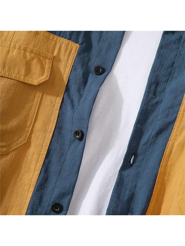 Men's Shirt Color Block Button-Down Long Sleeve Casual Tops 100% Cotton