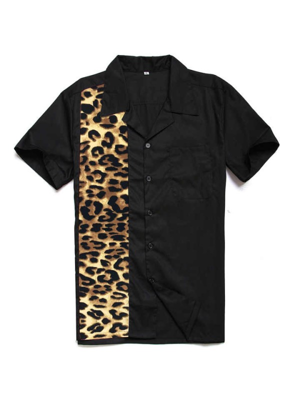 Men's Resort Short-Sleeved Shirts Lapel Loose Leopard Print Stitching
