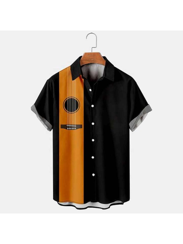 Mens Music Print Casual Short Sleeve Shirt Hawaiian Top