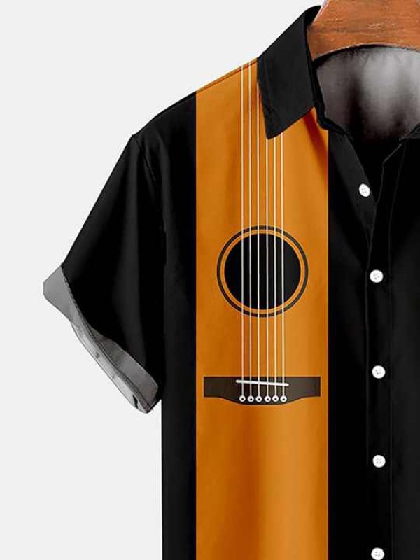 Mens Music Print Casual Short Sleeve Shirt Hawaiian Top