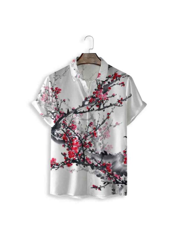 High Quality Polyester Men Shirts Casual Short Sleeves Logo Chinese Painting Flowers Pattern Men Shirts