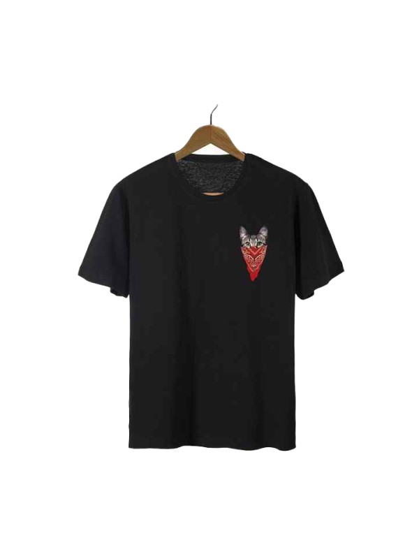 Men's Black Masked Cat Printed Crew Neck Oversize Comfortable Basic T-shirt