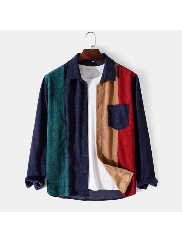 Men's Corduroy Patchwork Shirt Casual Lapel Long Sleeve Shirt  Men's Clothing