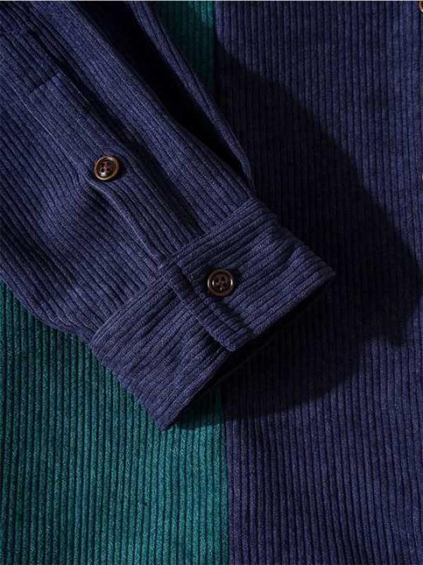 Men's Corduroy Patchwork Shirt Casual Lapel Long Sleeve Shirt  Men's Clothing