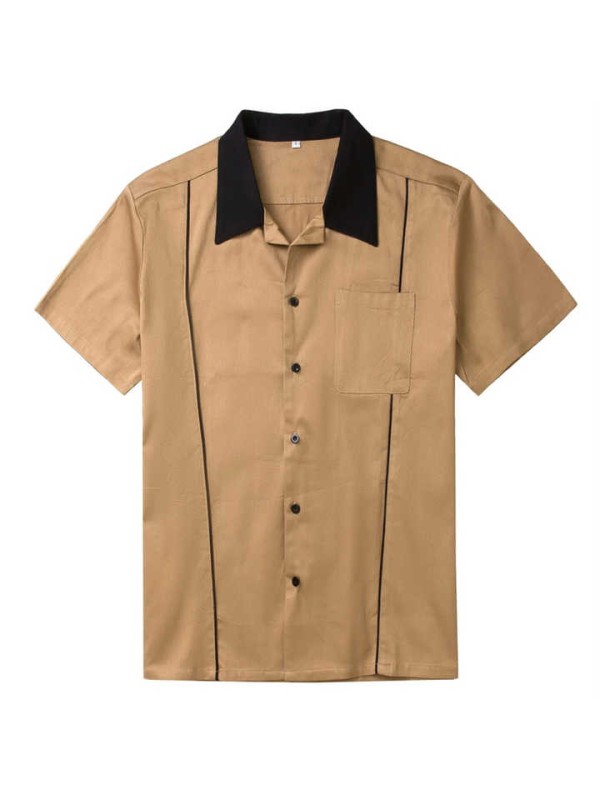 Mens Bowling Contrast Color Shirt Vintage Short Sleeve  Mens Hip Hop Shirt