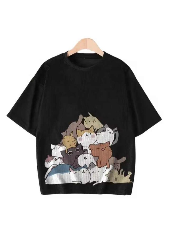 Men's Casual T-Shirt With 3D Printed  Cat Graphic V-Neck Crocheted Short Sleeves Knitted