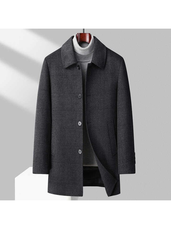Autumn Winter Men's Single Breasted Cashmere Woolen Windbreaker