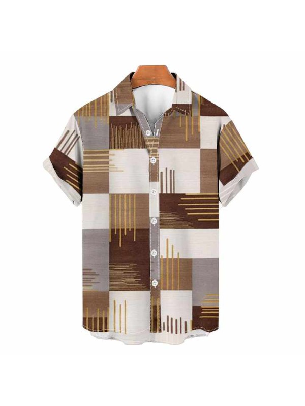 Vintage Summer Short Sleeve Plaid Grain Pattern Men's Shirt