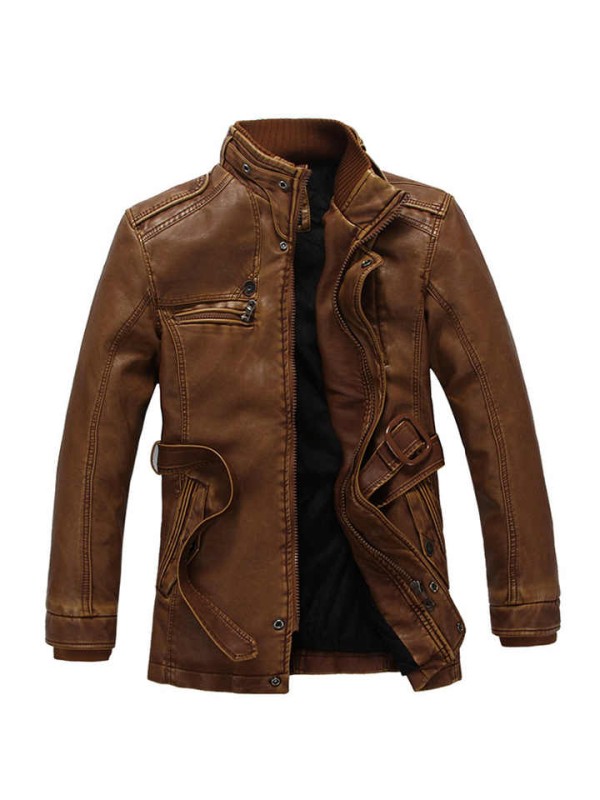 Men's Jacket Retro Style Winter Leather Washed Fleece Lining