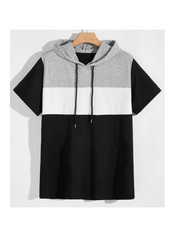 Short Sleeve Hooded Tee Stretch Sport Screen Print Logo T Shirt Popular Block Strip Tee