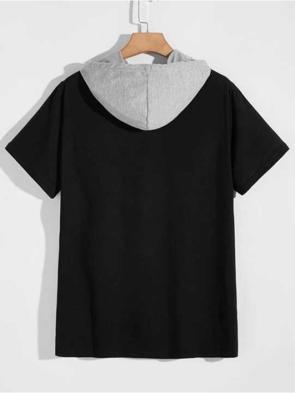 Short Sleeve Hooded Tee Stretch Sport Screen Print Logo T Shirt Popular Block Strip Tee