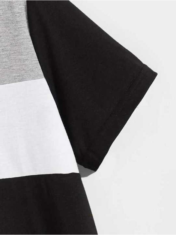 Short Sleeve Hooded Tee Stretch Sport Screen Print Logo T Shirt Popular Block Strip Tee